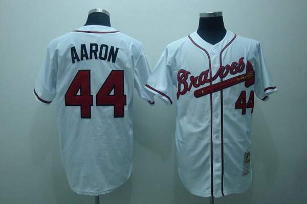 Mitchell and Ness Braves #44 Hank Aaron Stitched White Throwback MLB Jersey - Click Image to Close